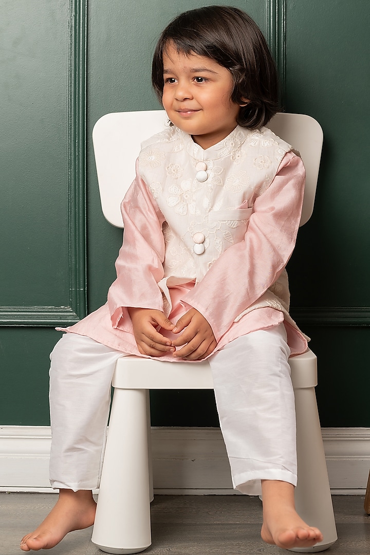 White Chanderi Embroidered Nehru Jacket Set For Boys by  Kirti Agarwal Pret n Couture