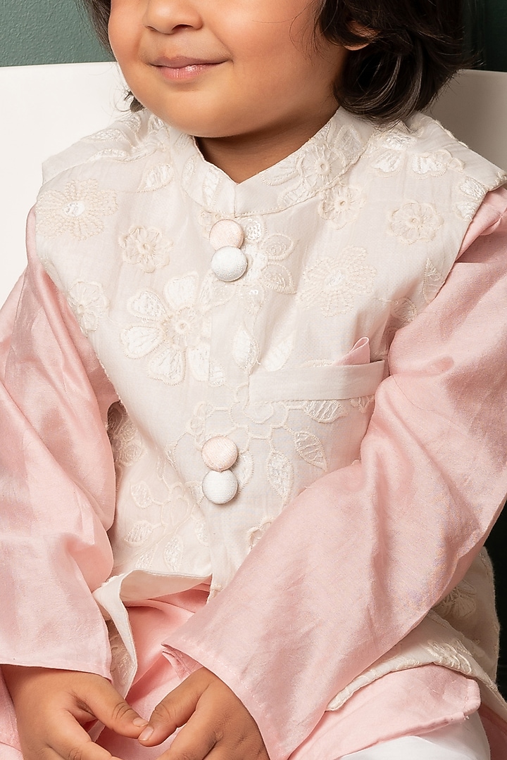 White Chanderi Embroidered Nehru Jacket Set For Boys by Kirti Agarwal Pret n Couture at Pernia's Pop Up Shop