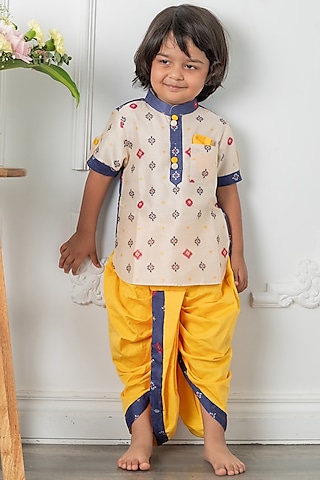 Yellow Cotton Satin Dhoti Set For Boys by Kirti Agarwal Pret n Couture