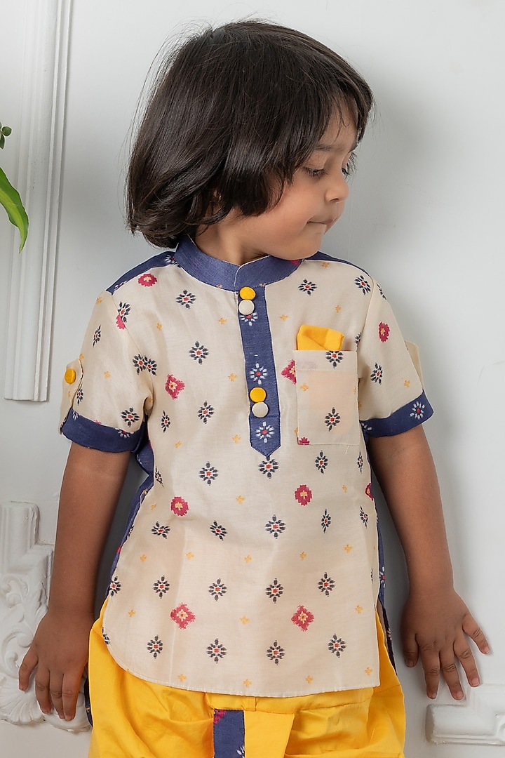 Yellow Cotton Satin Dhoti Set For Boys by Kirti Agarwal Pret n Couture at Pernia's Pop Up Shop