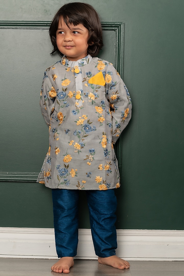 Grey Chanderi Floral Embroidered Kurta Set for Boys by  Kirti Agarwal Pret n Couture