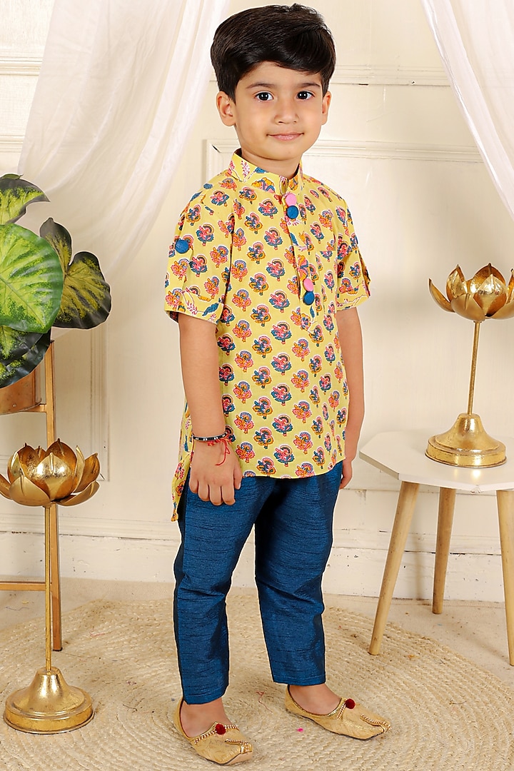 Yellow Pure Cotton Floral Printed Kurta Set For Boys by  Kirti Agarwal Pret n Couture