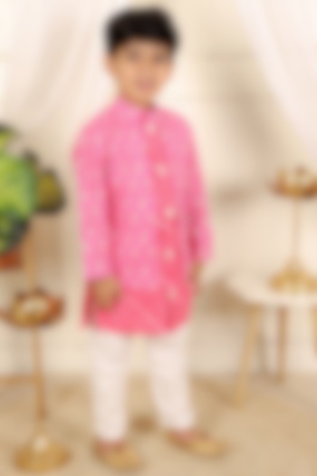 Pink and White Pure Cotton Floral Printed Jacket Kurta Set For Boys by  Kirti Agarwal Pret n Couture