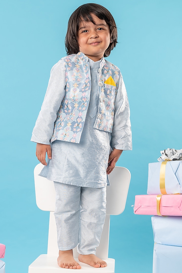 Blue and White Embroidered Silk Thread Embroidered Nehru Jacket Set For Boys by  Kirti Agarwal Pret n Couture