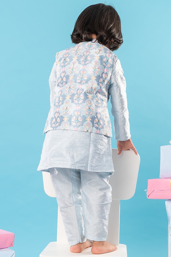 Blue and White Embroidered Silk Thread Embroidered Nehru Jacket Set For Boys by Kirti Agarwal Pret n Couture at Pernia's Pop Up Shop