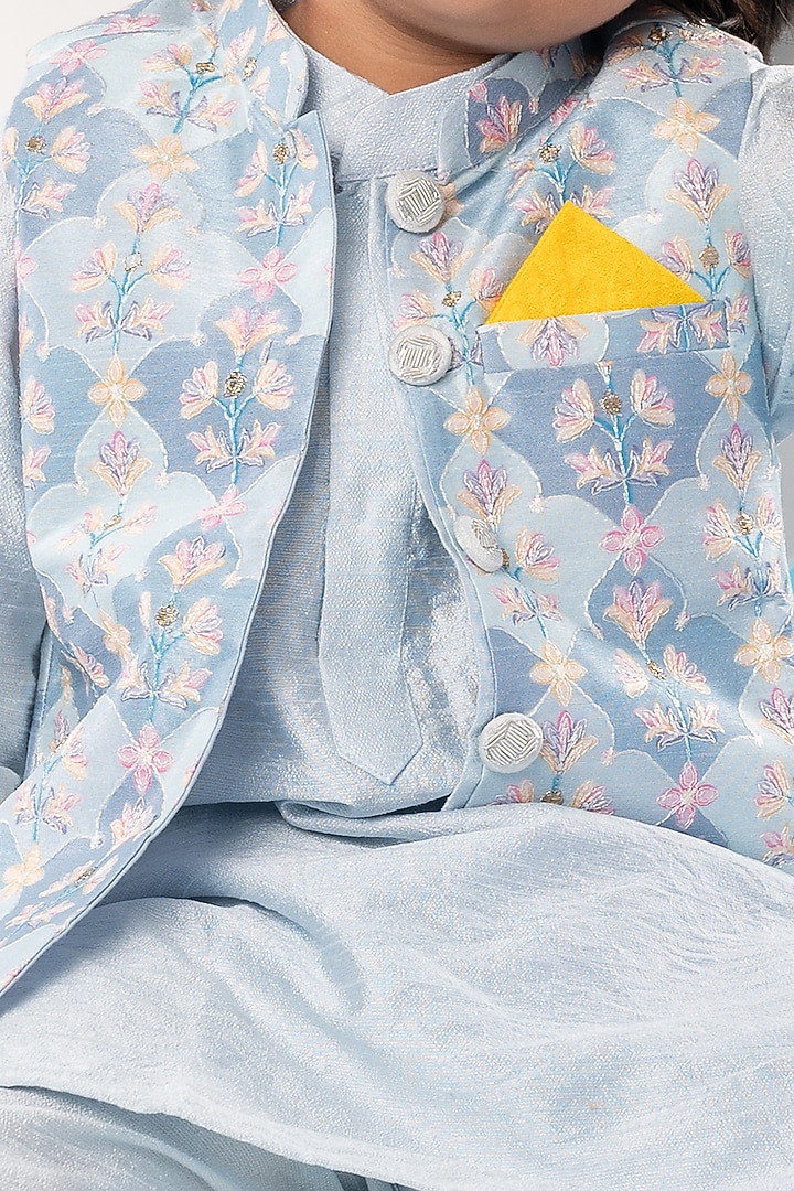Blue and White Embroidered Silk Thread Embroidered Nehru Jacket Set For Boys by Kirti Agarwal Pret n Couture at Pernia's Pop Up Shop