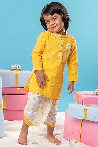 White Pure Cotton Floral Printed Dhoti Set For Boys by Kirti Agarwal Pret n Couture