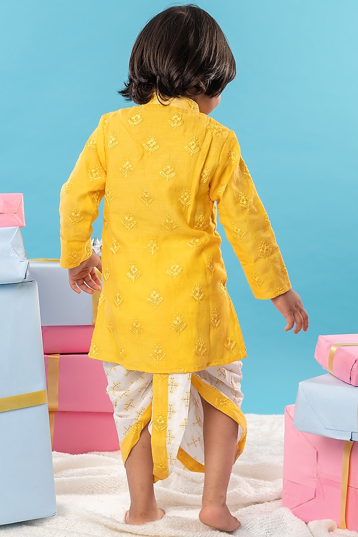 White Pure Cotton Floral Printed Dhoti Set For Boys by Kirti Agarwal Pret n Couture at Pernia's Pop Up Shop