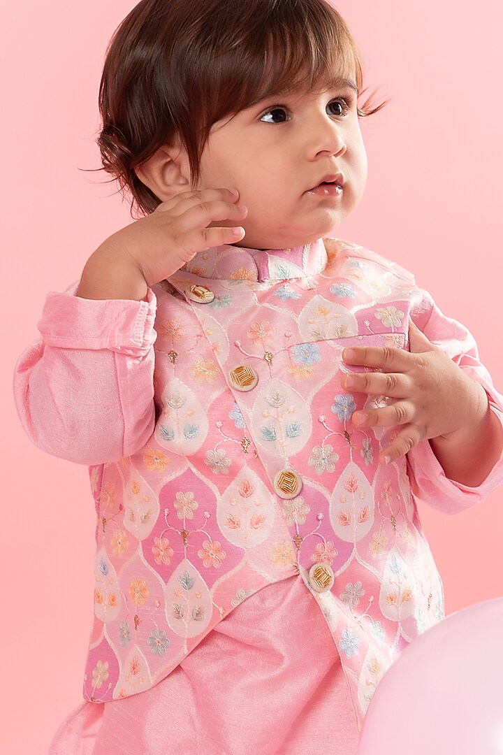 Pink and White Silk Thread Embroidered Nehru Jacket Set For Boys by Kirti Agarwal Pret n Couture at Pernia's Pop Up Shop