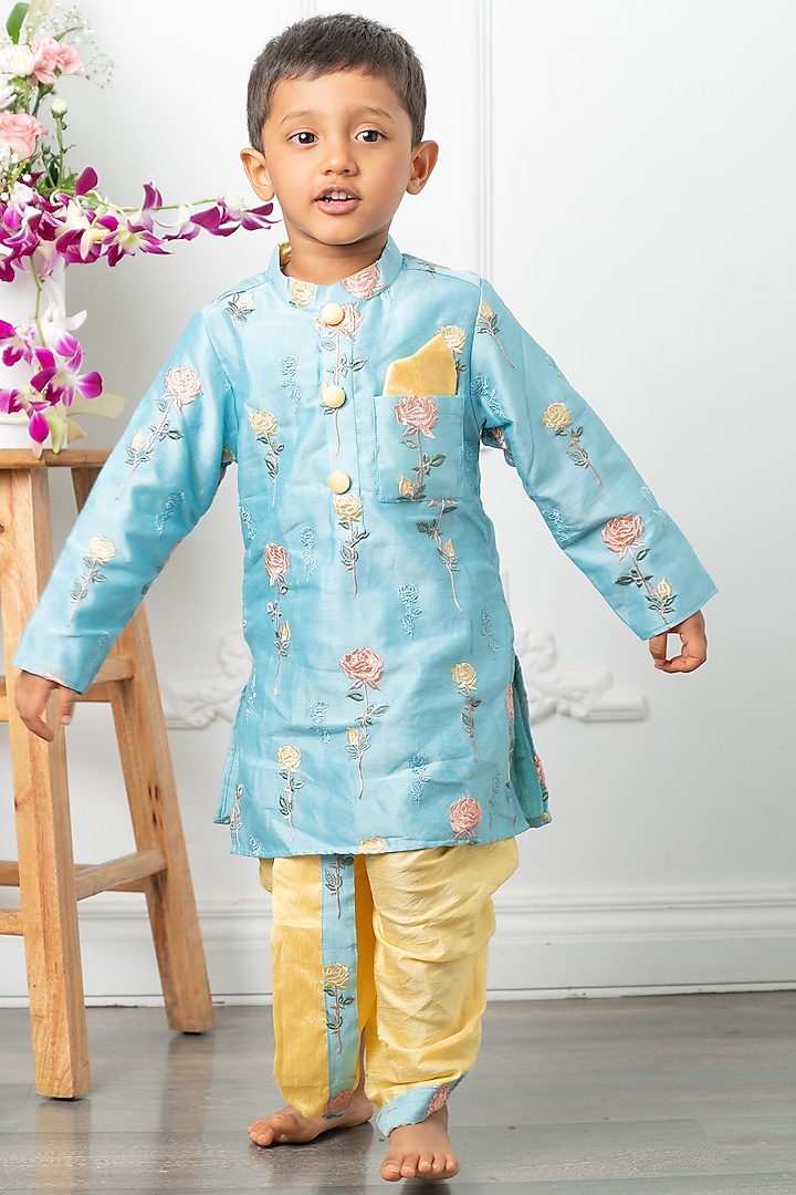 Yellow Pure Chanderi Thread & Floral Embroidered Kurta Set For Boys by  Kirti Agarwal Pret n Couture