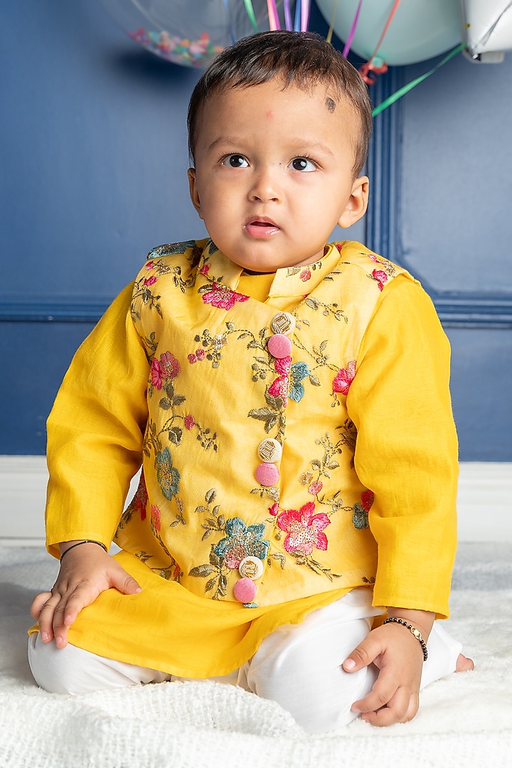 Yellow Brocade Embroidered Nehru Jacket Set For Boys by  Kirti Agarwal Pret n Couture
