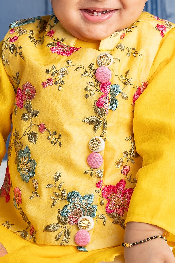 Yellow Brocade Embroidered Nehru Jacket Set For Boys by Kirti Agarwal Pret n Couture at Pernia's Pop Up Shop