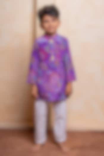 Purple Crepe & Cotton Silk Floral Printed Kurta Set For Boys by Kirti Agarwal Pret n Couture at Pernia's Pop Up Shop