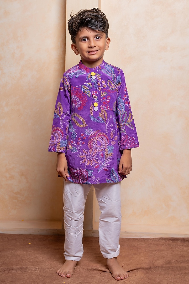 Purple Crepe & Cotton Silk Floral Printed Kurta Set For Boys by Kirti Agarwal Pret n Couture at Pernia's Pop Up Shop
