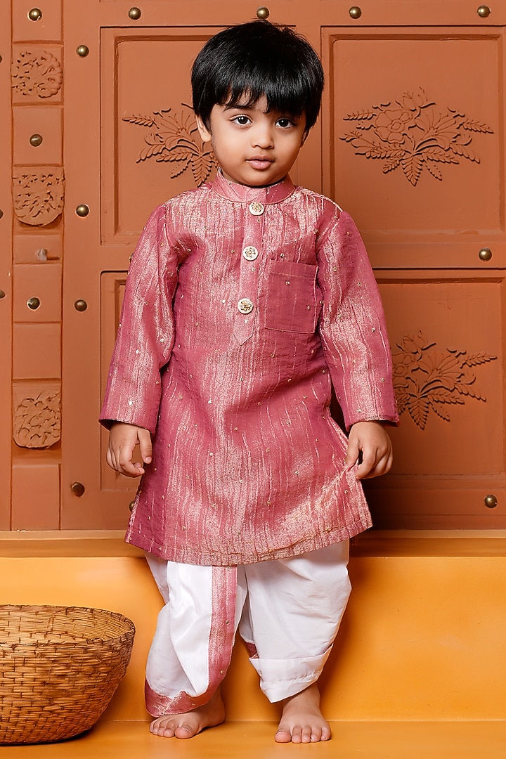 Maroon Tissue Silk & Cotton Silk Embroidered Kurta Set For Boys by Kirti Agarwal Pret n Couture at Pernia's Pop Up Shop