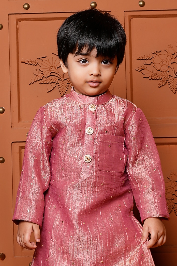 Maroon Tissue Silk & Cotton Silk Embroidered Kurta Set For Boys by Kirti Agarwal Pret n Couture at Pernia's Pop Up Shop