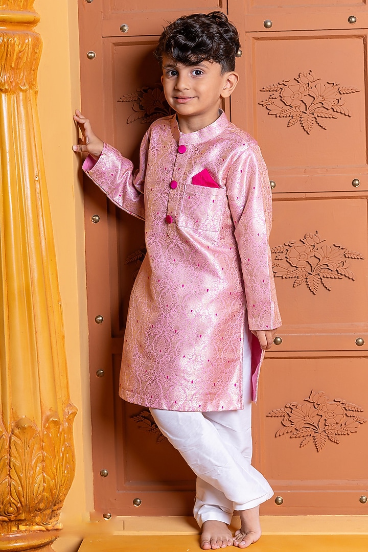 Light Pink Brocade Silk Embroidered Kurta Set For Boys by Kirti Agarwal Pret n Couture at Pernia's Pop Up Shop