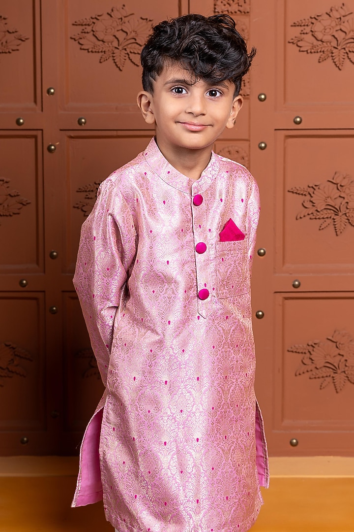 Light Pink Brocade Silk Embroidered Kurta Set For Boys by Kirti Agarwal Pret n Couture at Pernia's Pop Up Shop