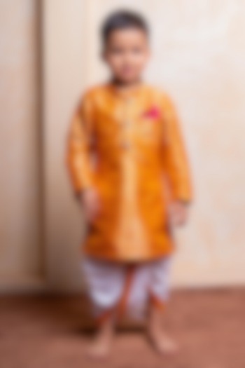 Golden Orange Brocade Silk Embroidered Kurta Set For Boys by Kirti Agarwal Pret n Couture at Pernia's Pop Up Shop