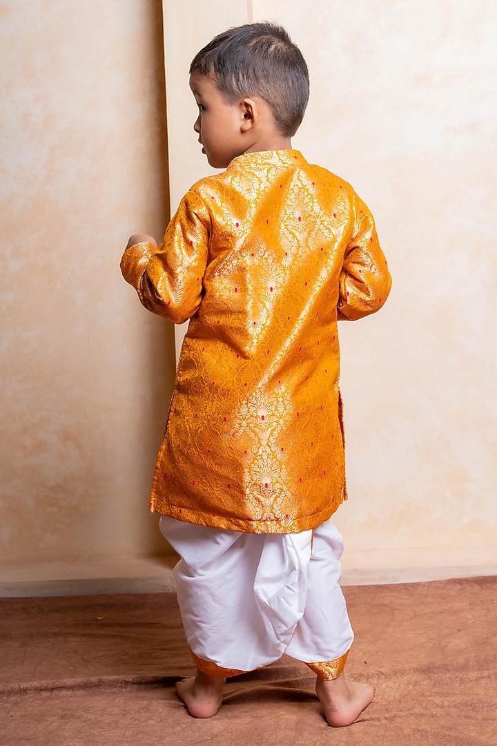 Golden Orange Brocade Silk Embroidered Kurta Set For Boys by Kirti Agarwal Pret n Couture at Pernia's Pop Up Shop