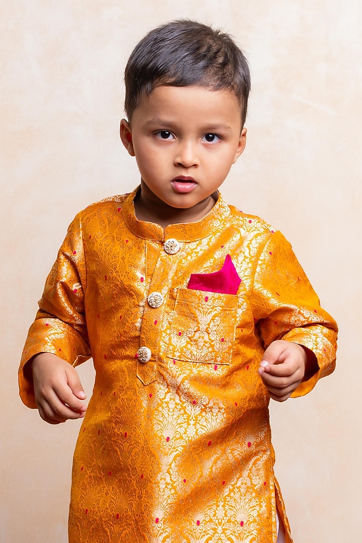 Golden Orange Brocade Silk Embroidered Kurta Set For Boys by Kirti Agarwal Pret n Couture at Pernia's Pop Up Shop