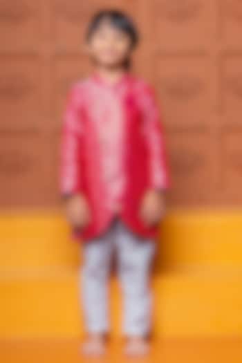 Pink Brocade Silk Embroidered Kurta Set For Boys by Kirti Agarwal Pret n Couture at Pernia's Pop Up Shop
