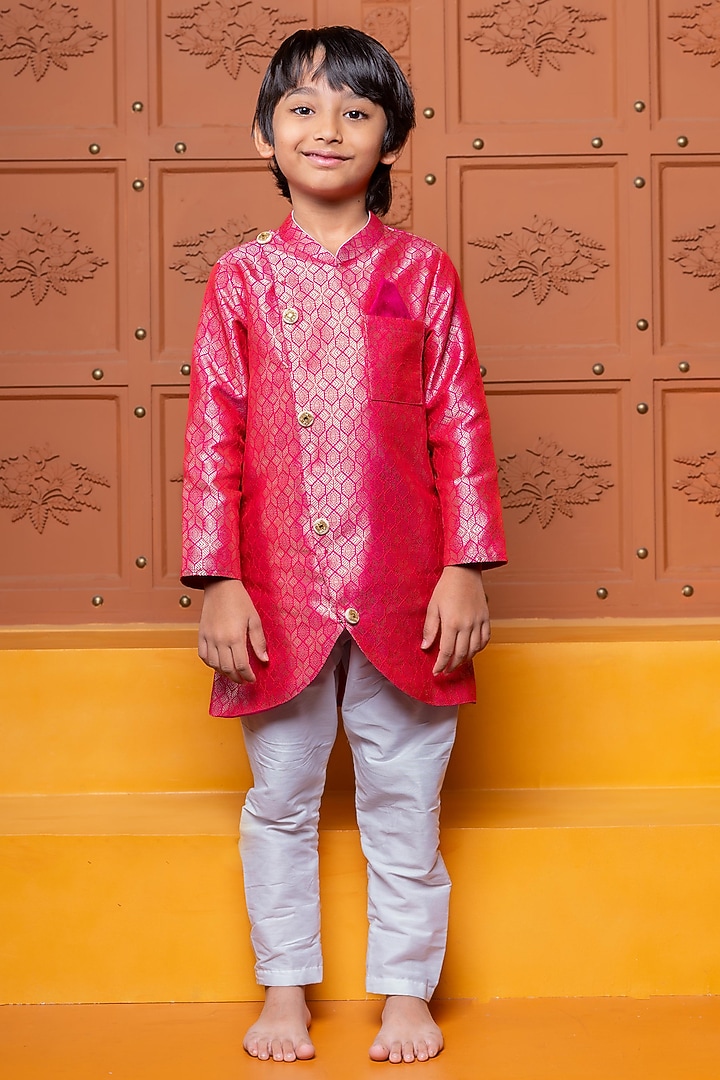 Pink Brocade Silk Embroidered Kurta Set For Boys by Kirti Agarwal Pret n Couture at Pernia's Pop Up Shop