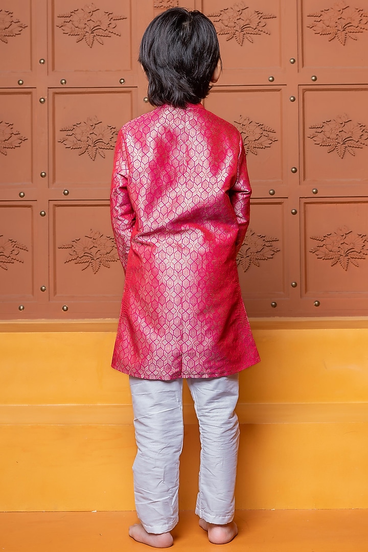 Pink Brocade Silk Embroidered Kurta Set For Boys by Kirti Agarwal Pret n Couture at Pernia's Pop Up Shop