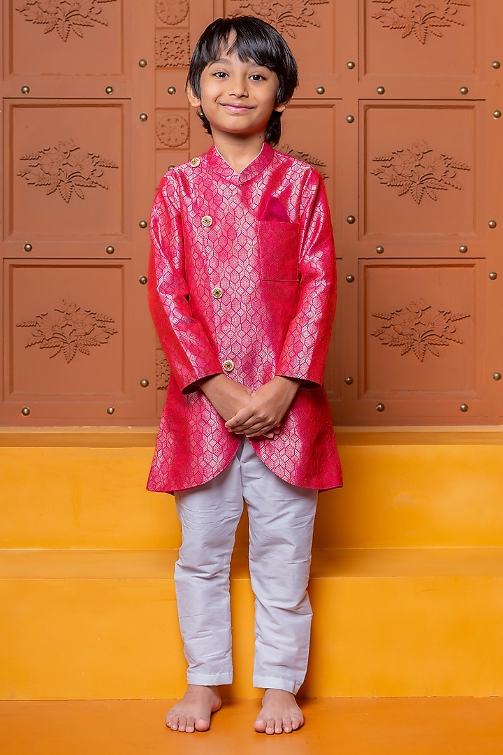 Pink Brocade Silk Embroidered Kurta Set For Boys by Kirti Agarwal Pret n Couture at Pernia's Pop Up Shop