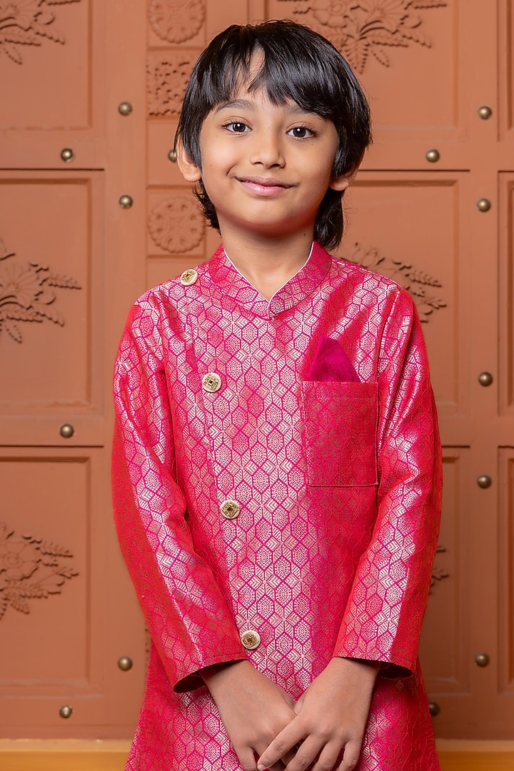 Pink Brocade Silk Embroidered Kurta Set For Boys by Kirti Agarwal Pret n Couture at Pernia's Pop Up Shop