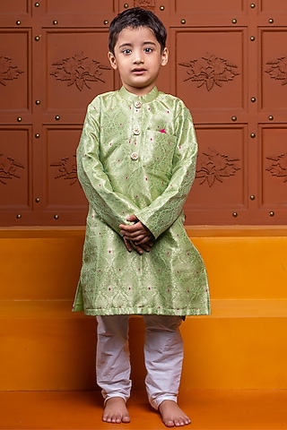 Green Brocade Silk Embroidered Kurta Set For Boys by Kirti Agarwal Pret n Couture