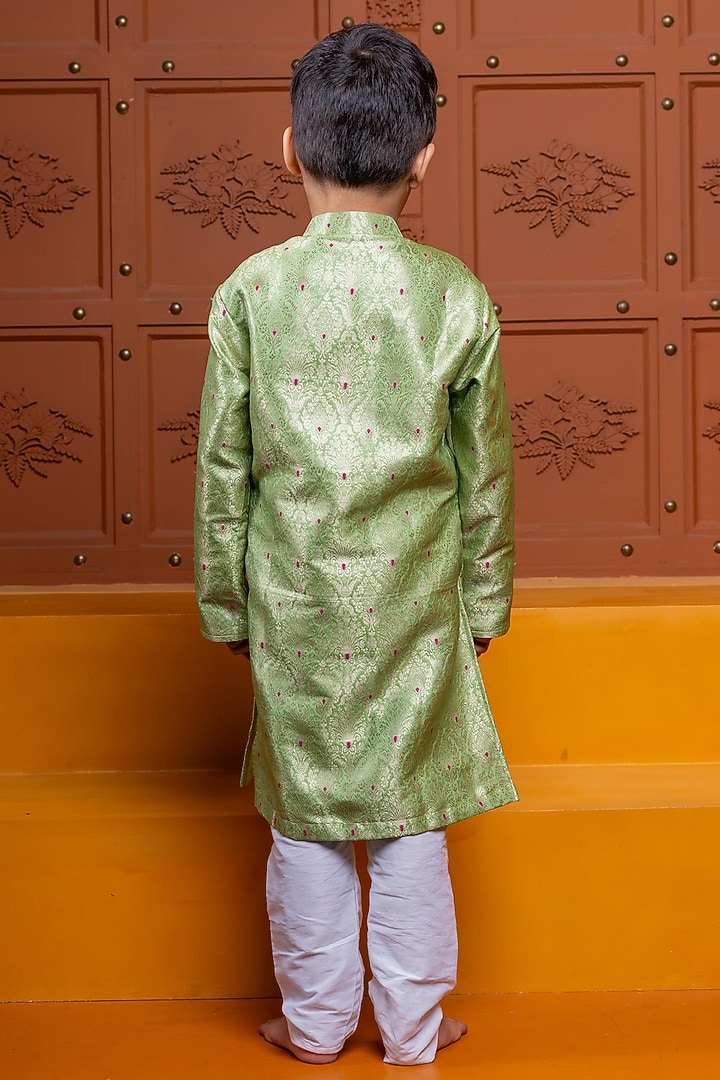 Green Brocade Silk Embroidered Kurta Set For Boys by Kirti Agarwal Pret n Couture at Pernia's Pop Up Shop