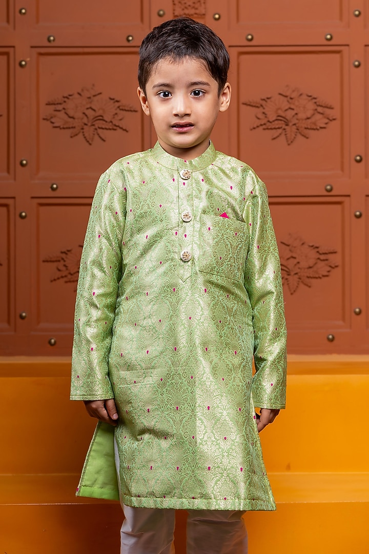 Green Brocade Silk Embroidered Kurta Set For Boys by Kirti Agarwal Pret n Couture at Pernia's Pop Up Shop