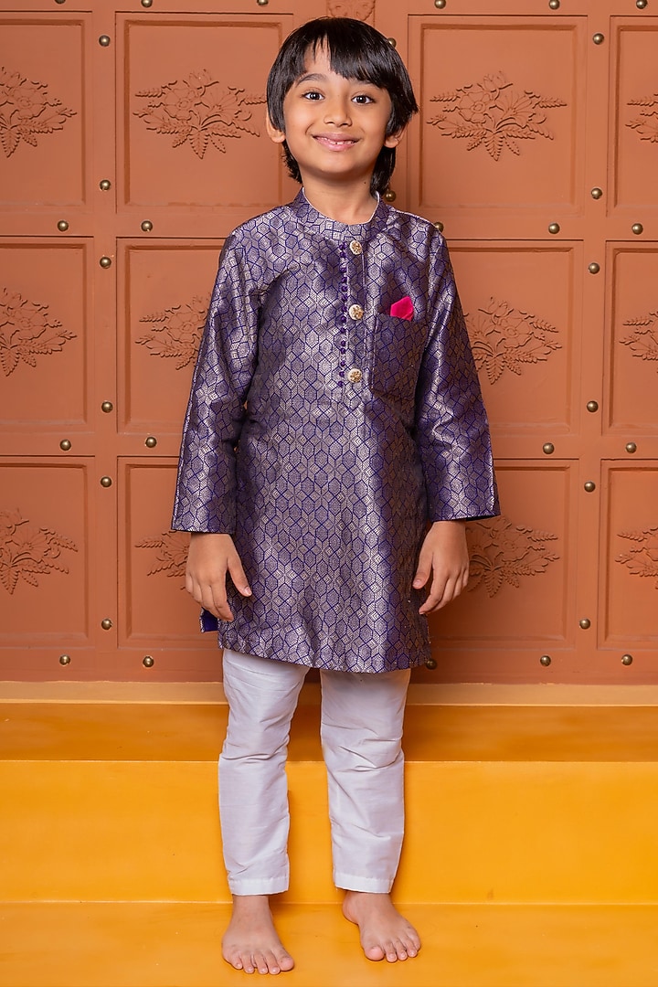 Royal Purple Brocade Silk Embroidered Kurta Set For Boys by Kirti Agarwal Pret n Couture at Pernia's Pop Up Shop