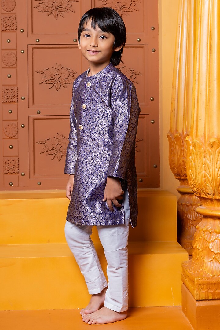Royal Purple Brocade Silk Embroidered Kurta Set For Boys by Kirti Agarwal Pret n Couture at Pernia's Pop Up Shop