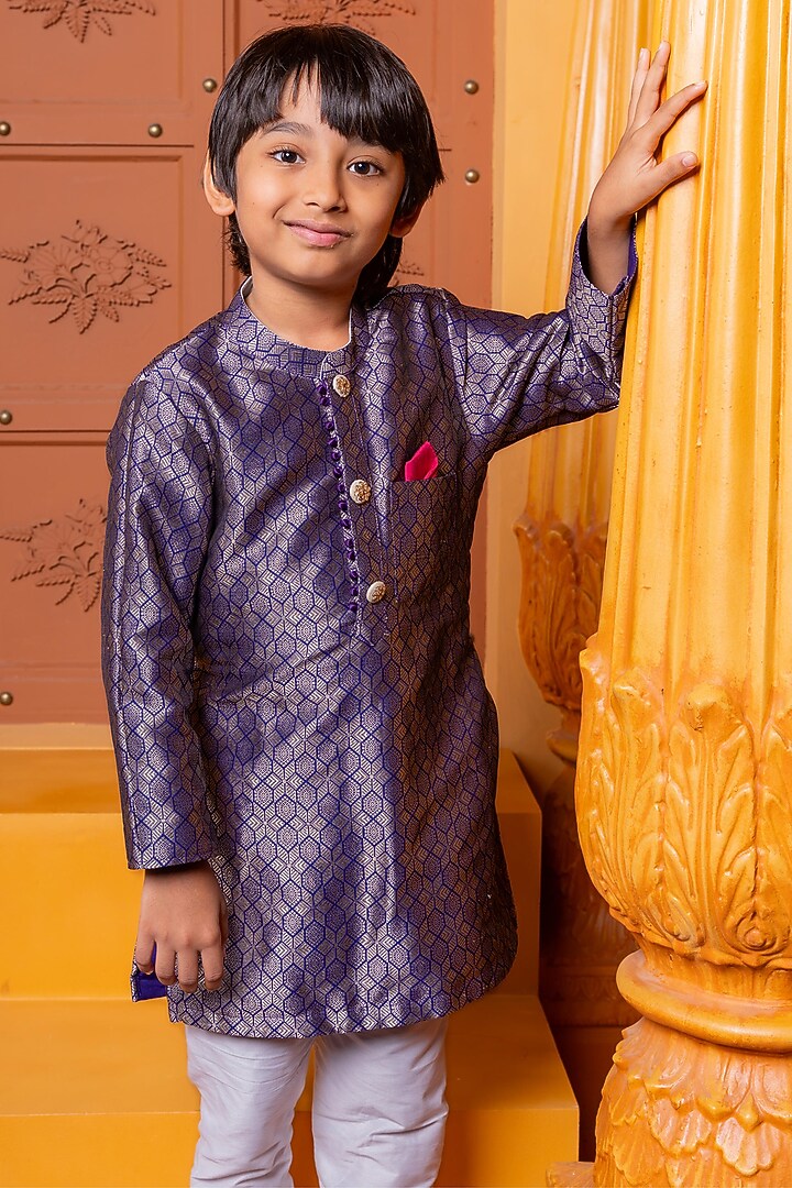 Royal Purple Brocade Silk Embroidered Kurta Set For Boys by Kirti Agarwal Pret n Couture at Pernia's Pop Up Shop