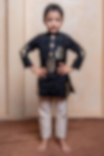 Black Crepe Chinon Embroidered Kurta Set For Boys by Kirti Agarwal Pret n Couture at Pernia's Pop Up Shop