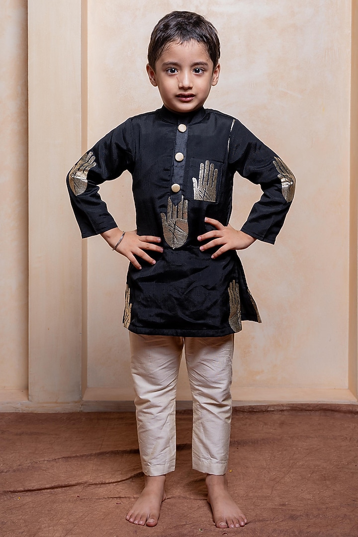 Black Crepe Chinon Embroidered Kurta Set For Boys by Kirti Agarwal Pret n Couture at Pernia's Pop Up Shop