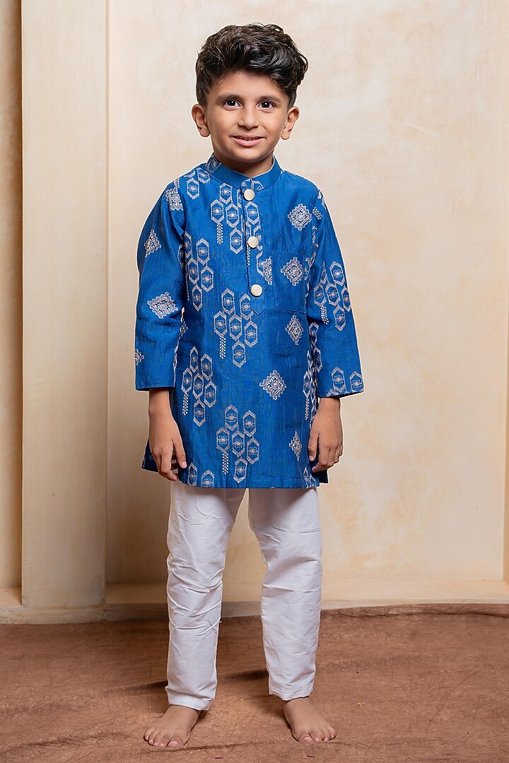 Royal Blue Chanderi Silk Embroidered Kurta Set For Boys by Kirti Agarwal Pret n Couture at Pernia's Pop Up Shop