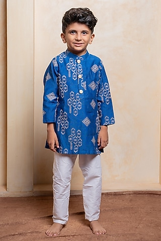 Royal Blue Chanderi Silk Embroidered Kurta Set For Boys by Kirti Agarwal Pret n Couture