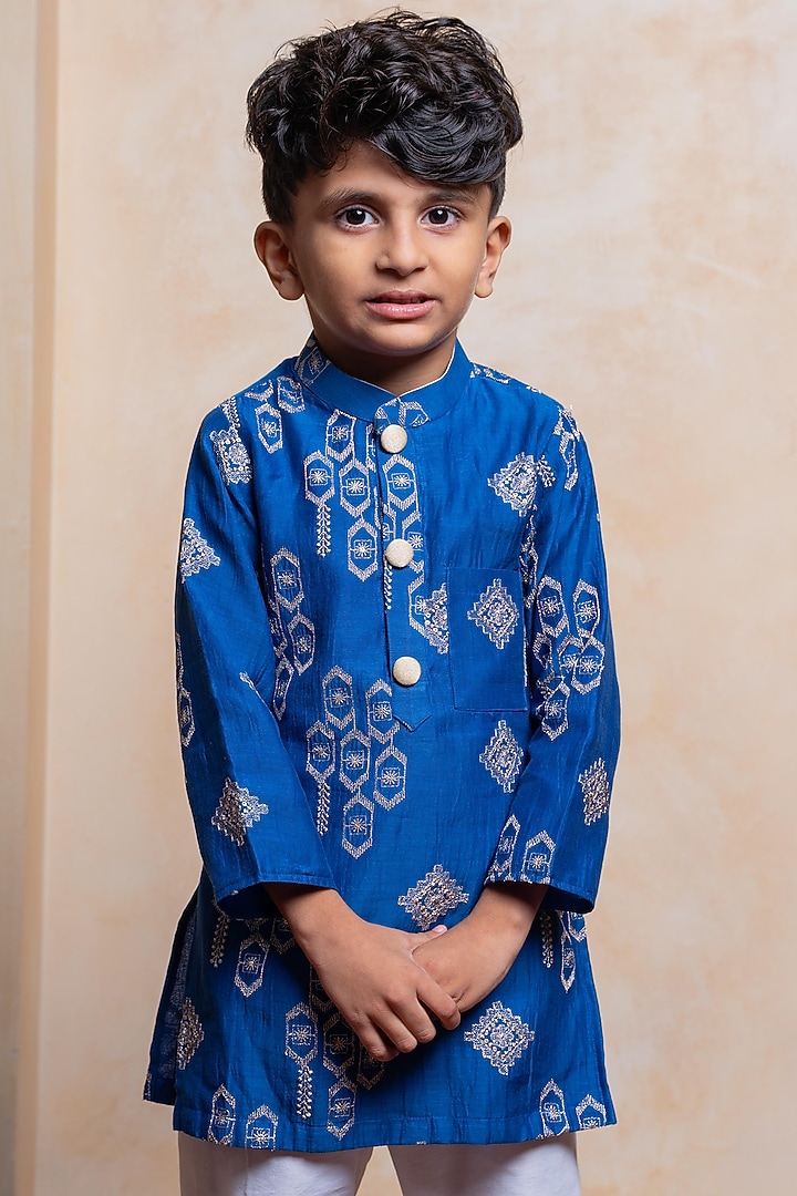 Royal Blue Chanderi Silk Embroidered Kurta Set For Boys by Kirti Agarwal Pret n Couture at Pernia's Pop Up Shop