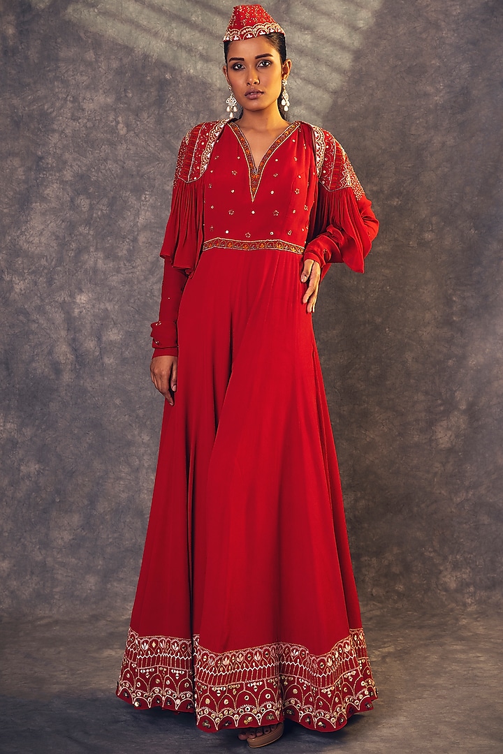 Red Embroidered Jumpsuit With Jacket by Kaprapan By Anaita Shah