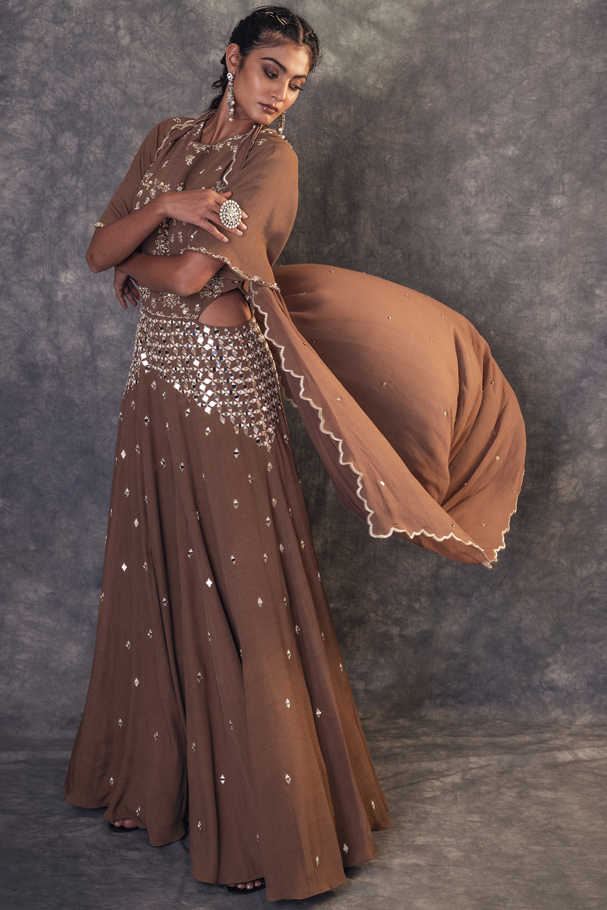 Mud Beige Embroidered Jumpsuit With Dupatta by Kaprapan