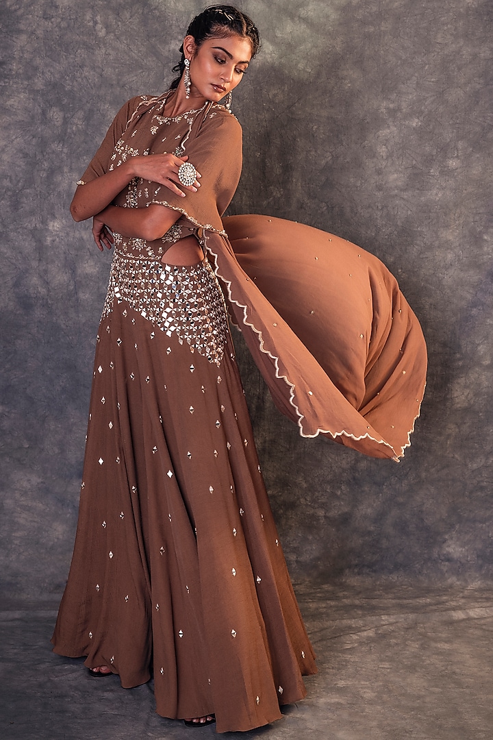 Mud Beige Embroidered Jumpsuit With Dupatta by Kaprapan By Anaita Shah