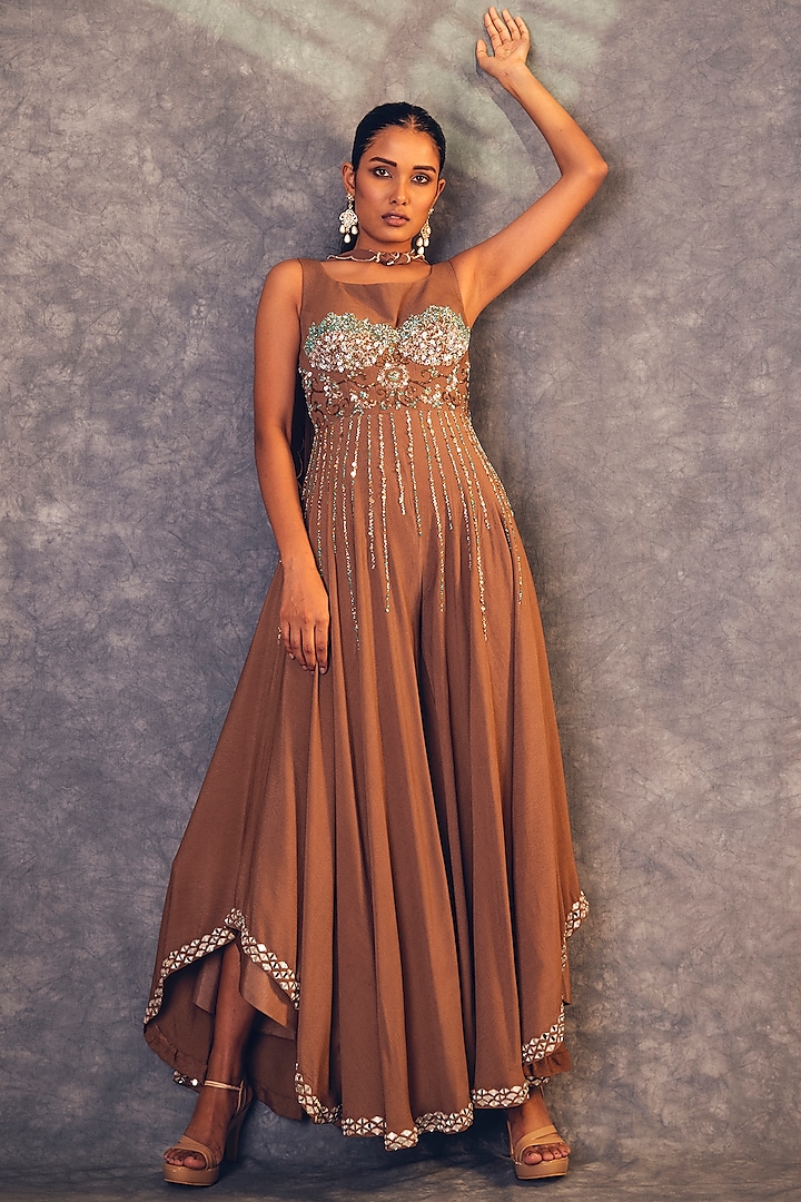 Mud Beige Embroidered Jumpsuit With Dupatta by Kaprapan By Anaita Shah