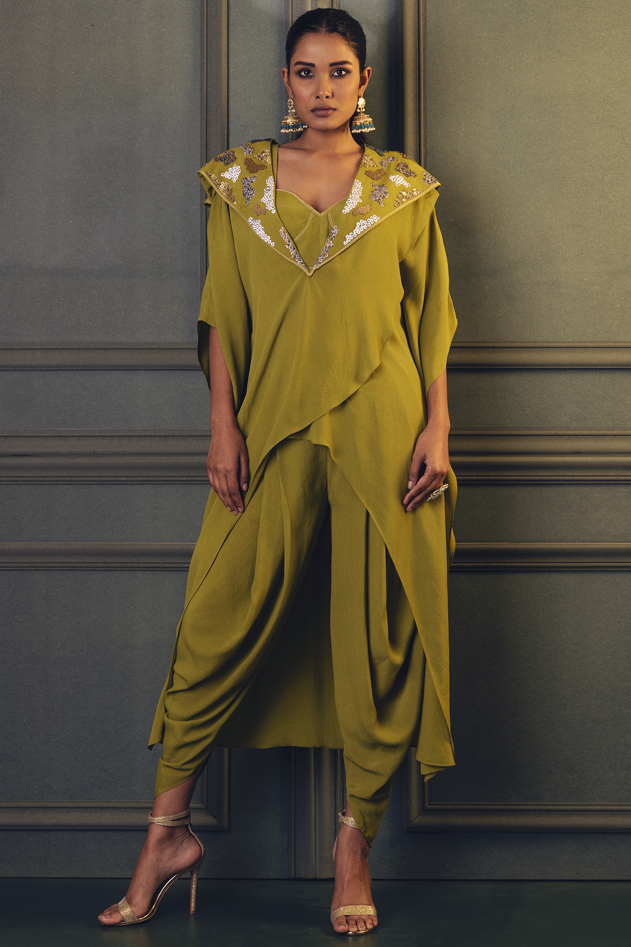 Lime Green Moss Crepe Dhoti Pant Set by Kaprapan By Anaita Shah