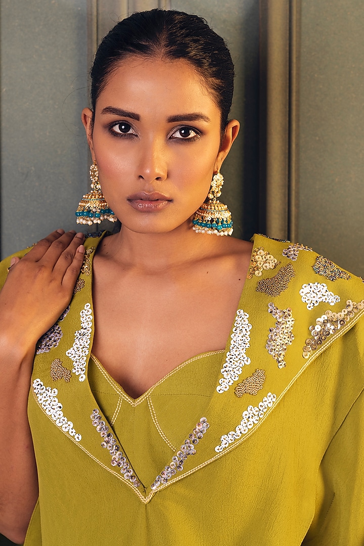 Lime Green Moss Crepe Dhoti Pant Set by Kaprapan By Anaita Shah at Pernia's Pop Up Shop
