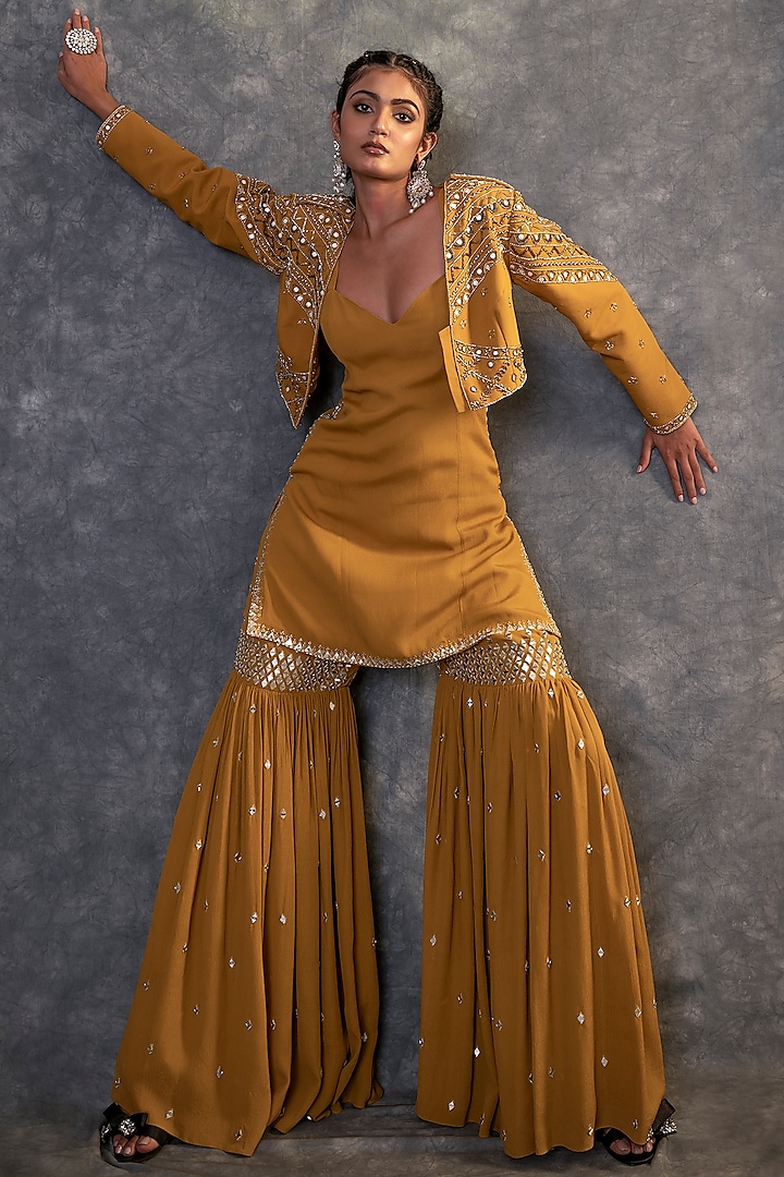 Mustard Yellow Moss Crepe Sharara Set by Kaprapan