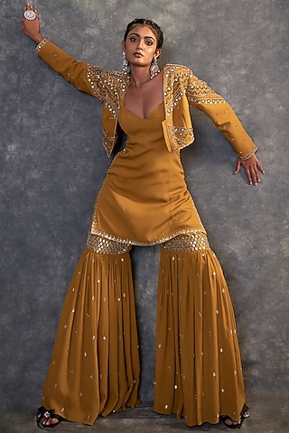 Mustard Yellow Moss Crepe Sharara Set by Kaprapan By Anaita Shah