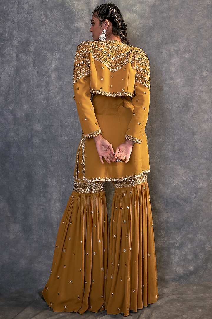 Mustard Yellow Moss Crepe Wedding Sharara Set by Kaprapan By Anaita Shah at Pernia's Pop Up Shop